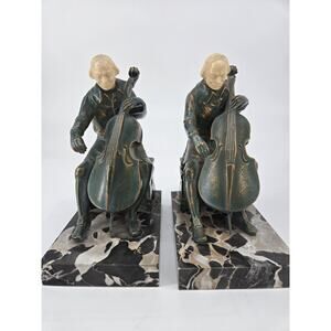 Pair 1932 J.B. Hirsch Cellist Bookends Bronze Marble Ivorine Heads J Ruhl Design